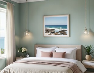 Frame mockup in coastal bedroom interior background, 3d render