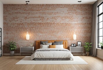 Illustration of boho style interior, bedroom with brick wall,created with  technology