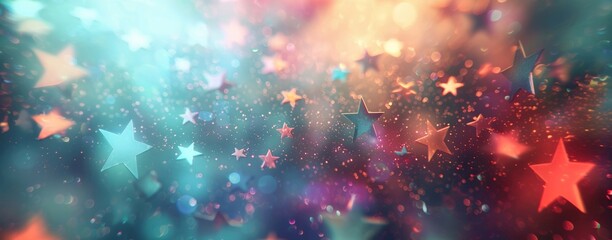 A vibrant, dreamy background of colorful stars and sparkling bokeh effects, ideal for festive occasions.