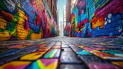 A vibrant and colorful wall graffiti covering an entire alleyway, showcasing vivid colors and...