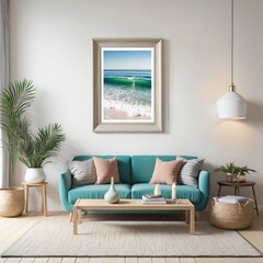 Mockup frame in coastal boho living room interior background, 3d render
