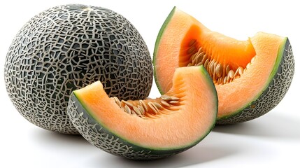 Whole and sliced Japanese melons, also known as orange melons or cantaloupe melons, with seeds, isolated on a white background.