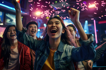 Fototapeta premium Enthusiastic group of companions cheering for triumph of young Asian woman in virtual game as they stand by her in contemporary gaming venue.