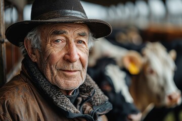 Obraz premium An aged farmer with characterful face, wearing a hat, poses near cows, displaying rural life and tradition