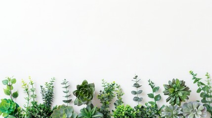 Border of artificial plants in pots on white background with empty space, top view