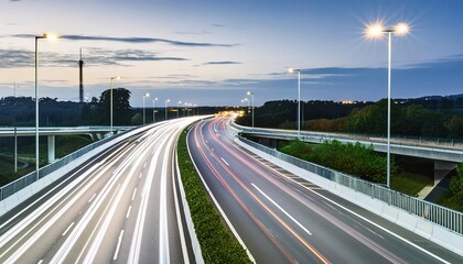A long exposure shot capturing traffic flowing along a multi-lane highway at night.