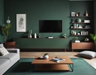 Living room with cabinet for tv in dark green color wall,minimalist muji style