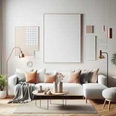 Minimalist modern living room interior background, living room mock up in scandinavian style, empty wall mockup
