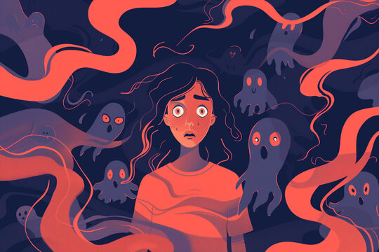 Young Woman Surrounded by Ghosts and Spirits Conveying a Sense of Fear and Phobia
