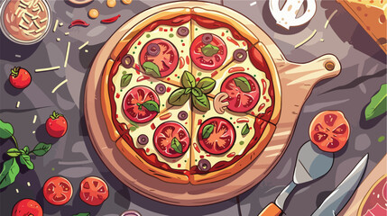 Tasty pizza with ingredients on grey background flat
