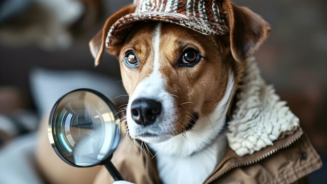 Enhanced Canine Detective: Solving Cases with a Magnifying Glass. Concept Detective Dog, Canine Sleuth, Crime-solving Pup, Magnifying Glass Investigations