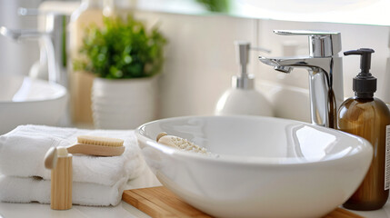 Bath accessories and sink on table near mirror closeup