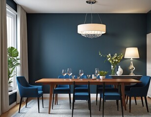 Modern dining room interior design with dark blue color wall