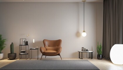 Living room have leather armchair and decoration minimal on two tone wall
