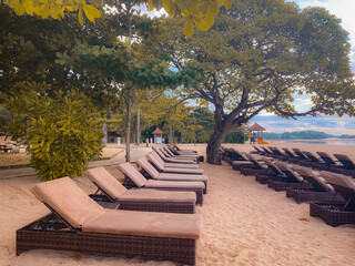 gazebo and pathways at beach against blue sky. Nusa dua, Bali.