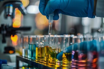 A scientist in a lab pipettes a yellow liquid into a series of test tubes, possibly conducting chemical or medical research