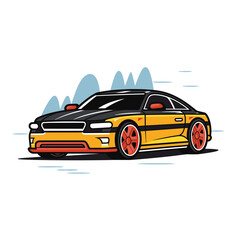 Yellow sports car vector illustration, sleek modern design racing vehicle, detailed auto rendering. Muscle car cartoon drawing, vibrant yellow black highperformance car, stylized wheels. Powerful