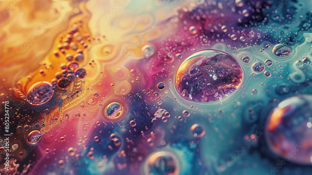 Poster Abstract macro photography of oil and water mixture creating a vibrant, colorful backdrop with bubbles and patterns