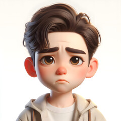 Asian cartoon character boy, young man portrait, male, Sad mood, feeling expression concept, Isolated on a white background