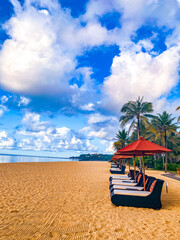 gazebo and pathways at beach against blue sky. Nusa dua, Bali.