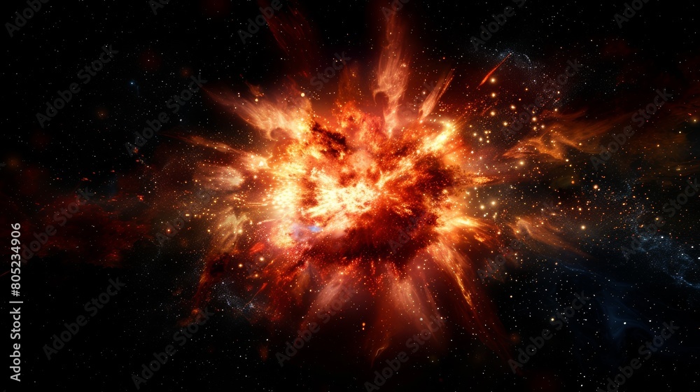 Poster a spectacular representation of a cosmic explosion amidst stars and galaxies, showcasing the power a