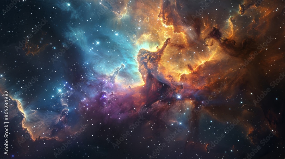 Poster this mesmerizing image captures the vivid colors and ethereal beauty of cosmic clouds amidst a starr