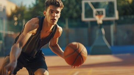 Young male basketball player dribbling the ball on basketball court in action.