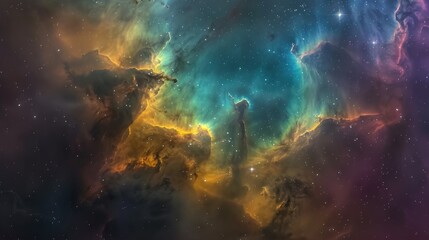 A spectacular display of cosmic wonder with high contrast, deep hues of blue and gold, and towering nebula formations