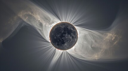 An astonishing image of a solar eclipse, showcasing the sun's corona emerging from behind the moon's silhouette against a cloudy backdrop - obrazy, fototapety, plakaty
