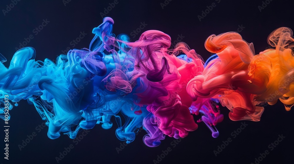 Poster this dynamic image captures a colorful explosion of smoke, with rainbow hues billowing against a bla