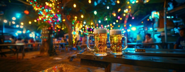 Two beer mugs clink together on a wooden table in a lively outdoor beer garden adorned with colorful lights.