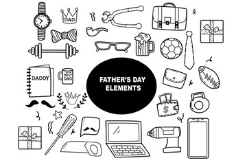 happy fathers day elements doodle design, celebration accessories message decoration party for greeting card, banner, poster