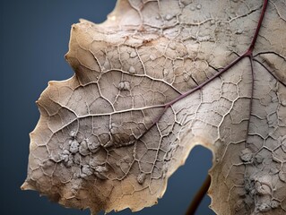 Macro photography of a grapevine leaf with botrytis blight, showcasing grayish fungal growth on the leaf surface