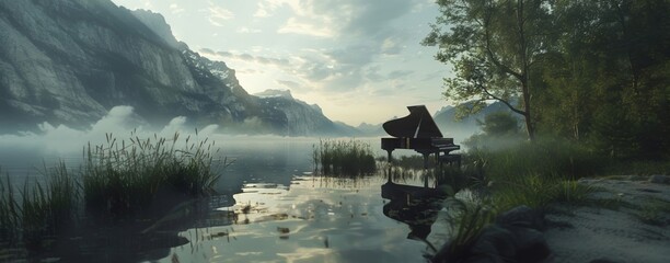 Grand piano positioned at a serene lakeside with mountains and fog creating a mystical atmosphere.