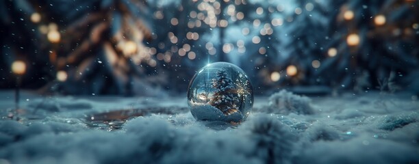 A beautifully lit snow globe encases a miniature Christmas tree in a wintry night scene.
