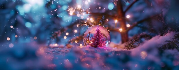 Snow-covered Christmas ornament with sparkling lights in a wintry scene.