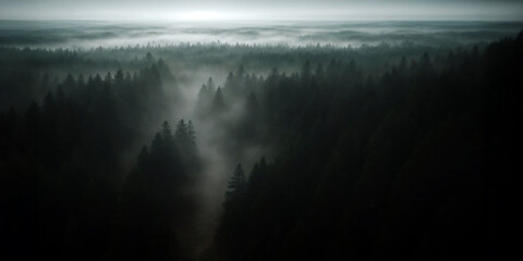Pine forest in the fog, cinematic dark light, beautiful white and green colors - Natural fantasy scene, trees and hills in the mist, near darkness. 