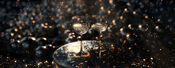 Two champagne glasses amidst sparkling raindrops on a glossy table, evoking enchantment.