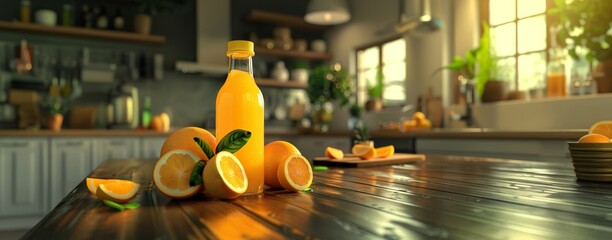 A bottle of fresh orange juice surrounded by sliced oranges on a wooden kitchen counter bathed in sunlight.