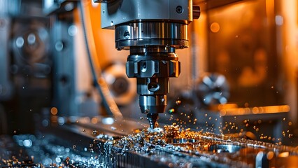 Advanced CNC Milling Machine with Metalworking Technology and Shallow Depth of Field. Concept CNC Milling, Metalworking Technology, Shallow Depth of Field, Advanced Machinery, Industrial Photography