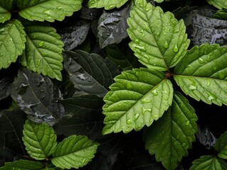 Detailed view of viburnum leaves with leaf mosaic virus, displaying a mosaic pattern of light and dark green - obrazy, fototapety, plakaty