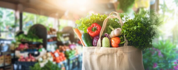 Colorful fresh vegetables in a reusable shopping bag against a blurred market background. - Powered by Adobe