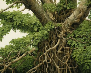 Detailed view of a jungle creeper with tiny leaves winding around a larger tree trunk, illustrating jungle growth patterns