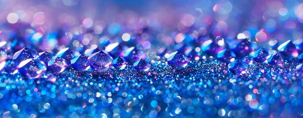 A macro photograph showing glistening blue gemstones with a vibrant bokeh background.