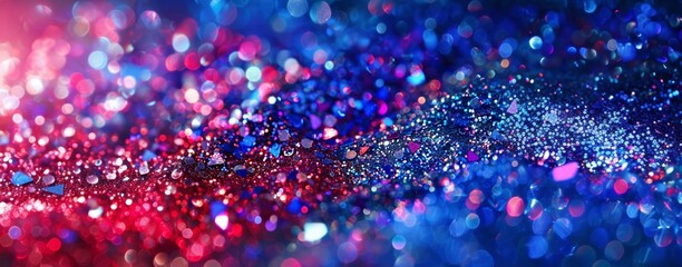Shimmering blue and red glitter create a vibrant and sparkling abstract background with a magical atmosphere.