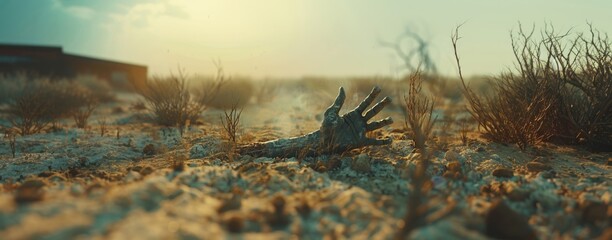 A zombie hand protruding from barren desert ground, eerie and cinematic.