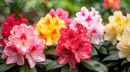 Rhododendron blooming in different colors in a botanical garden during summer