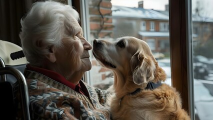 Elderly person in wheelchair in nursing home looking out window with pet dog. Concept Senior Living, Pet Therapy, Elderly Care, Nursing Home Activities, Window Views