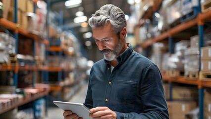 Man in warehouse uses tablet to check goods and statements. Concept Warehouse Operations, Inventory Management, Technology in Logistics