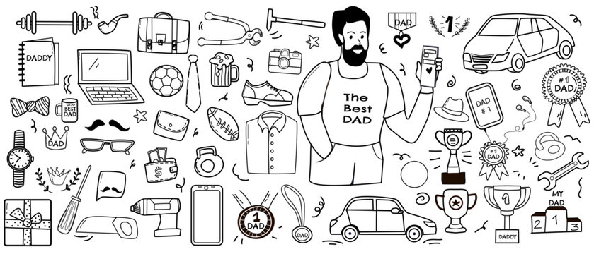 happy fathers day elements doodle design, celebration accessories message decoration party for greeting card, banner, poster
